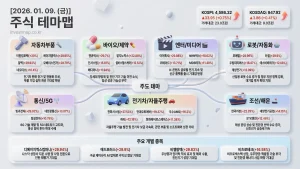 2026년 1월 9일 주식테마맵 인포그래픽 - 자동차부품 이원컴포텍 상한가 시각화 분석