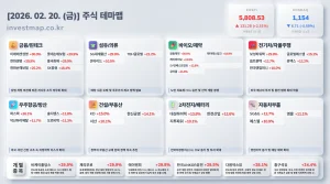 2026년 2월 20일 주식테마맵 인포그래픽 - 금융/핀테크 미래에셋생명 상한가 시각화 분석